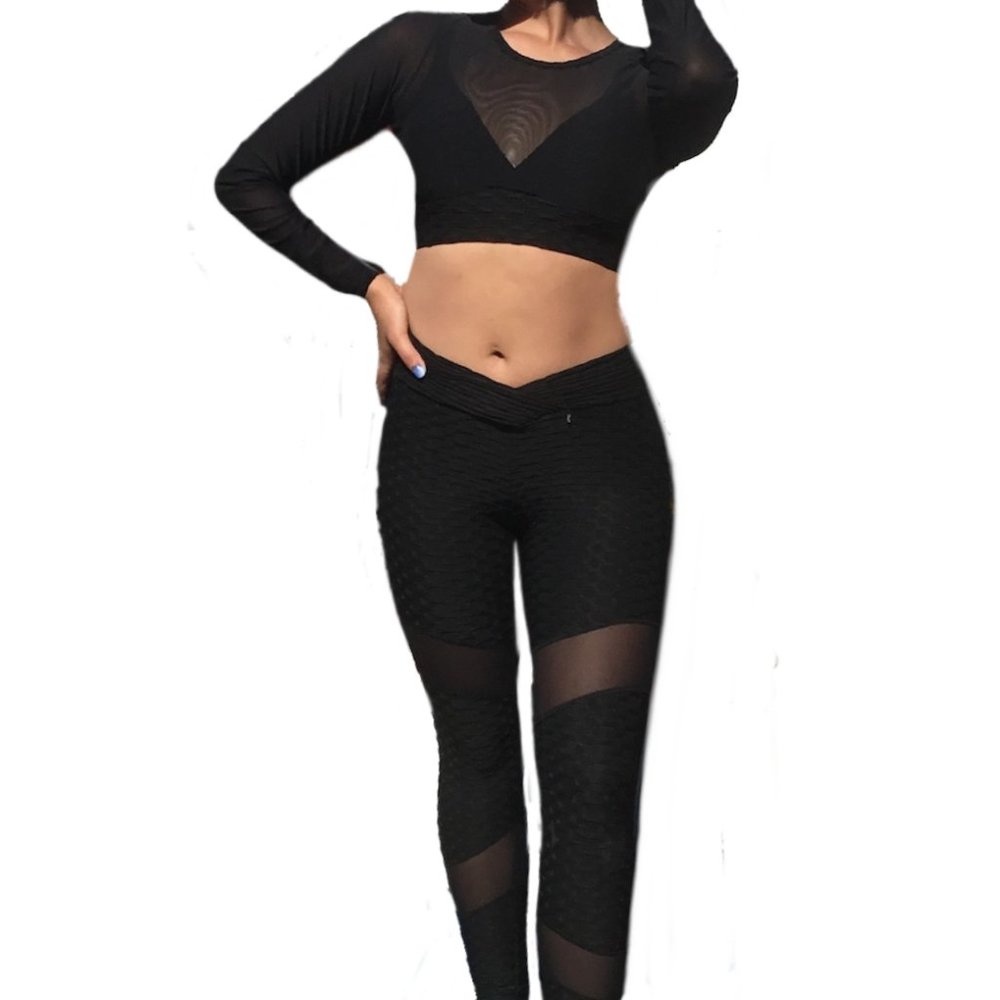 D'YUKI Activewear Set Scrunch Legging Cropped Top Long Sleeve Textured Blk L/XL